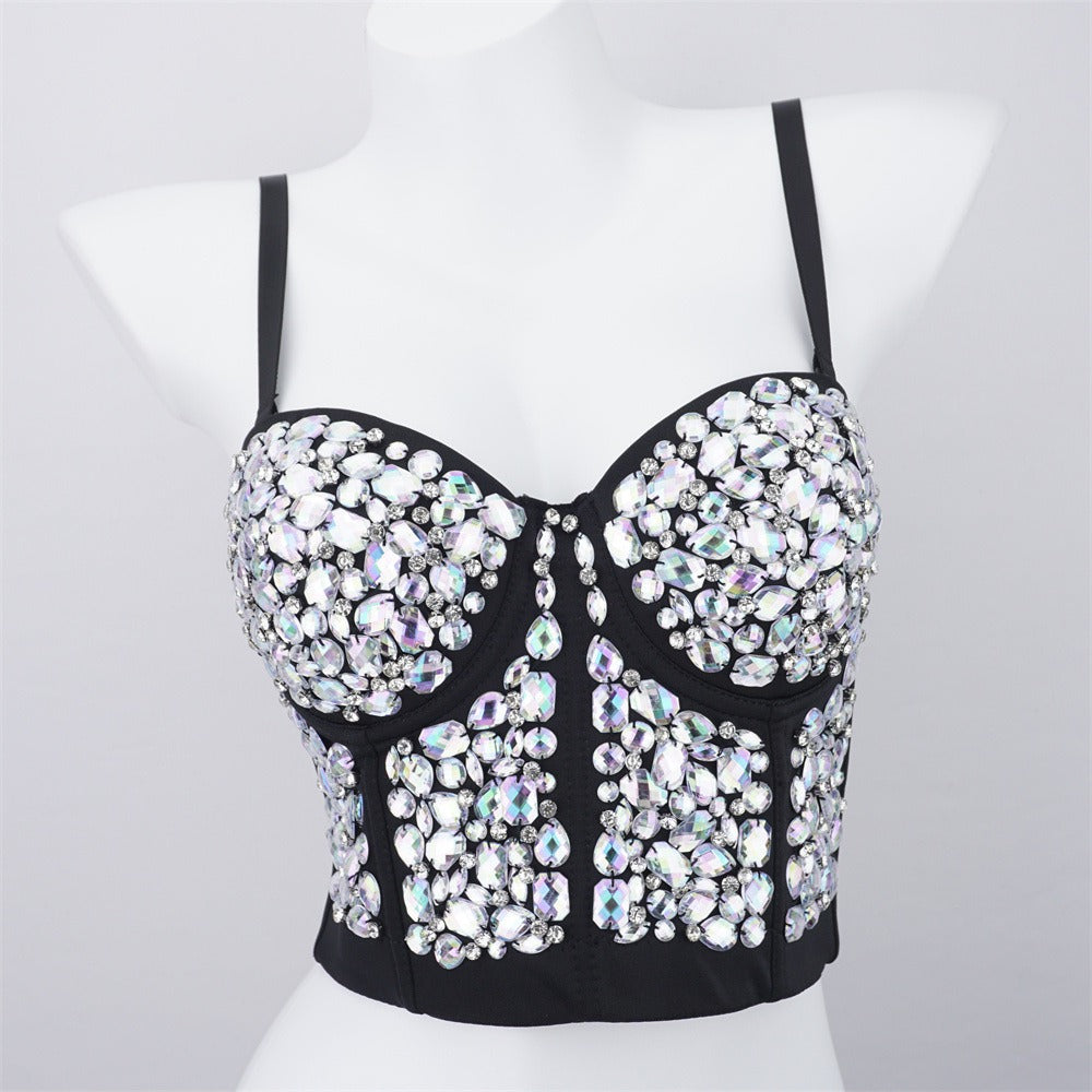 Design sense, niche pure desire nightclub tube top, beaded, bright diamonds, versatile suspender wear, vacation carnival top