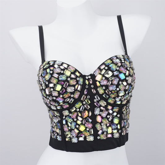 Design sense, niche pure desire nightclub tube top, beaded, bright diamonds, versatile suspender wear, vacation carnival top