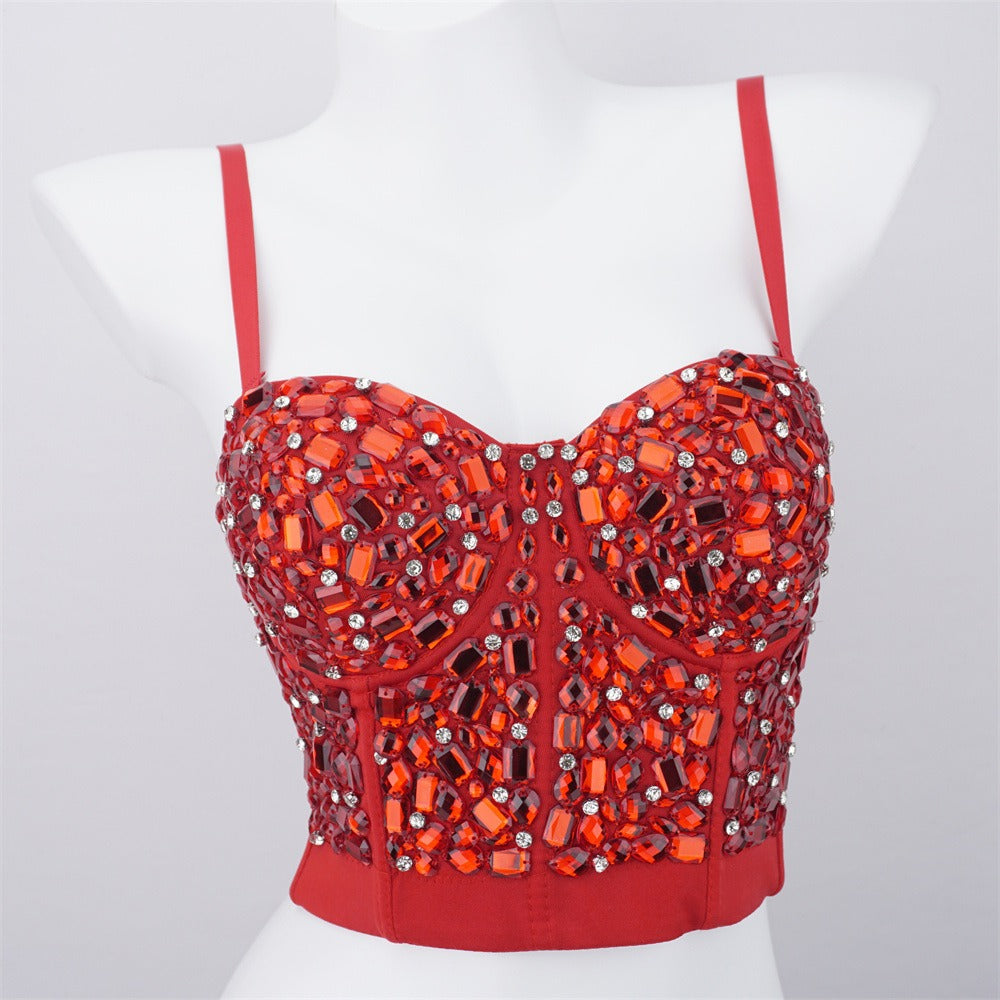 Design sense, niche pure desire nightclub tube top, beaded, bright diamonds, versatile suspender wear, vacation carnival top