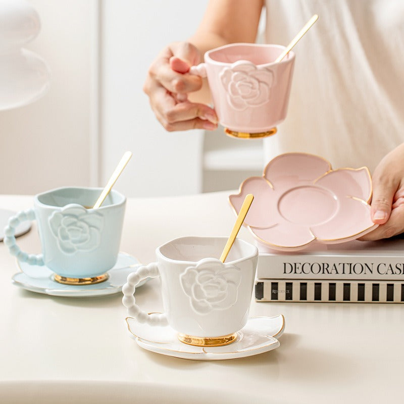 Nordic Delicate Flower Embossed  Reusable Milk Cup Saucer