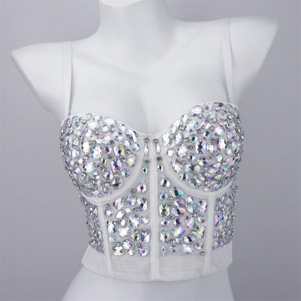 Design sense, niche pure desire nightclub tube top, beaded, bright diamonds, versatile suspender wear, vacation carnival top